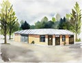 Watercolor of A site containing small storage with an accompanying building for customer service and