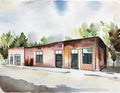 Watercolor of A site containing small storage with an accompanying building for customer service and