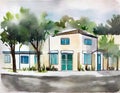 Watercolor of A site containing small storage with an accompanying building for customer service and