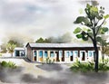 Watercolor of A site containing small storage with an accompanying building for customer service and