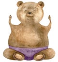 Watercolor sitting bear yoga in purple. Funny bear boy. Bear yoga. Watercolor illustration with cute bear yoga