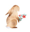 Watercolor sitting rabbit with a bouquet.