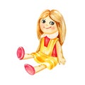 watercolor sitting smiling cute rag doll, hand drawn illustration of toy for girl, sketch of lovely doll in yellow dress