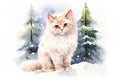 Watercolor sitting white cat on snow landscape background, Closeup