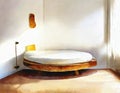 Watercolor of a skateboard positioned next to a cozy bed