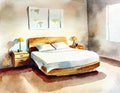 Watercolor of a skateboard positioned next to a cozy bed