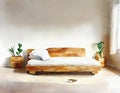 Watercolor of a skateboard positioned next to a cozy bed