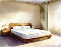 Watercolor of a skateboard positioned next to a cozy bed