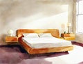 Watercolor of a skateboard positioned next to a cozy bed