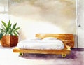 Watercolor of a skateboard positioned next to a cozy bed