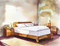 Watercolor of a skateboard positioned next to a cozy bed