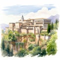 Watercolor Sketch Of Alhambra Castle With Waterfalls And Mountains
