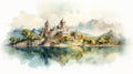 Island Of Iran: Traditional Watercolor Painting Of Castle Near Mountains And Lake