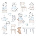 Watercolor sketch with baby girl, doll, bear, bunny, furniture and dishes Royalty Free Stock Photo