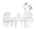 Watercolor sketch with baby girl, doll, dishes and furniture Royalty Free Stock Photo