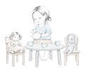 Watercolor sketch with baby girl, doll, rabbit, dishes and furniture Royalty Free Stock Photo