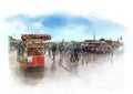 Watercolor sketch. Bagels for sale on Eminonu square in Istanbul, Turkish bagel called SIMIT. Turkish street food