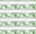 Watercolor sketch of a banknote of 100 dollars are slender lines. Seamless pattern for illustrating finance, business