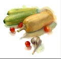 Watercolor sketch bunch of fresh vegetables.