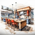 Watercolor sketch captures an American modern style kitchens creative interior design