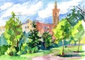 Watercolor sketch of a city park. Landscape With Trees. Freehand drawing