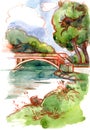 Watercolor sketch of a city park. Landscape With Trees