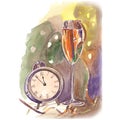 Watercolor sketch of clock and glass. New Year greeting card