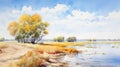 Watercolor Sketch Of Countryside Near River: Realistic Marine Painting