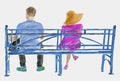 Watercolor sketch of couple casual citizens sitting on blue park bench on summer day Royalty Free Stock Photo