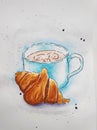 Watercolor sketch of cup of coffee and croissant