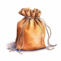 Realistic Watercolor Drawing Of A Brown Bag With Drawstring