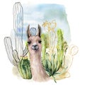 Watercolor and sketch desert landscapes card with lama. Hand painted golden and black mexican cactus, sky and clouds