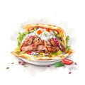 a watercolor sketch of a doner kebab with meat, salad, tomato and onions