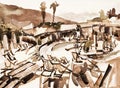 Watercolor sketch drawing of swimming pool landscape in Budva Mo