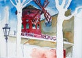 Watercolor sketch of famous Moulin Rouge building on Montmartre, Paris, France