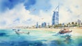 Dubai Beach Watercolor Painting Tower Buildings And Boat In Uhd