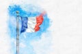Watercolor sketch of a French flag against a blue sky background Royalty Free Stock Photo