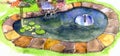 Watercolor sketch of a garden pond with a fountain. Royalty Free Stock Photo