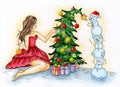 A watercolor sketch of a girl in a red dress sits near a Christmas tree and decorates it with balls, snowmen put a star on the top