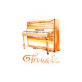 Watercolor sketch grand piano. Jazz illustration. Music lettering