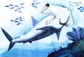 Watercolor sketch of hammerhead shark. Cartoonish friendly shark and flocks of small fish swimming in pure blue water with dark