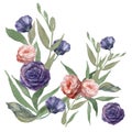 Bouquet composition blue flowers set white background pink print textile pattern flowers leaves watercolor sketch hand-drawn Royalty Free Stock Photo