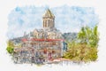 Watercolor sketch of Holy Trinity Cathedral in Tbilisi. The main Cathedral of the Georgian Orthodox Church