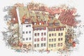 A watercolor sketch or illustration. Beautiful panoramic city view. Nuremberg, Germany.