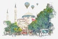 A watercolor sketch or illustration of a beautiful view of the Aya Sofia Cathedral in Istanbul