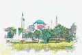 A watercolor sketch or illustration of a beautiful view of the Aya Sofia Cathedral in Istanbul