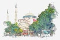 A watercolor sketch or illustration of a beautiful view of the Aya Sofia Cathedral in Istanbul