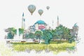 A watercolor sketch or illustration of a beautiful view of the Aya Sofia Cathedral in Istanbul