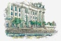 Watercolor sketch or illustration of a beautiful view of the Reichstag in Berlin.