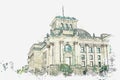 Watercolor sketch or illustration of a beautiful view of the Reichstag in Berlin.